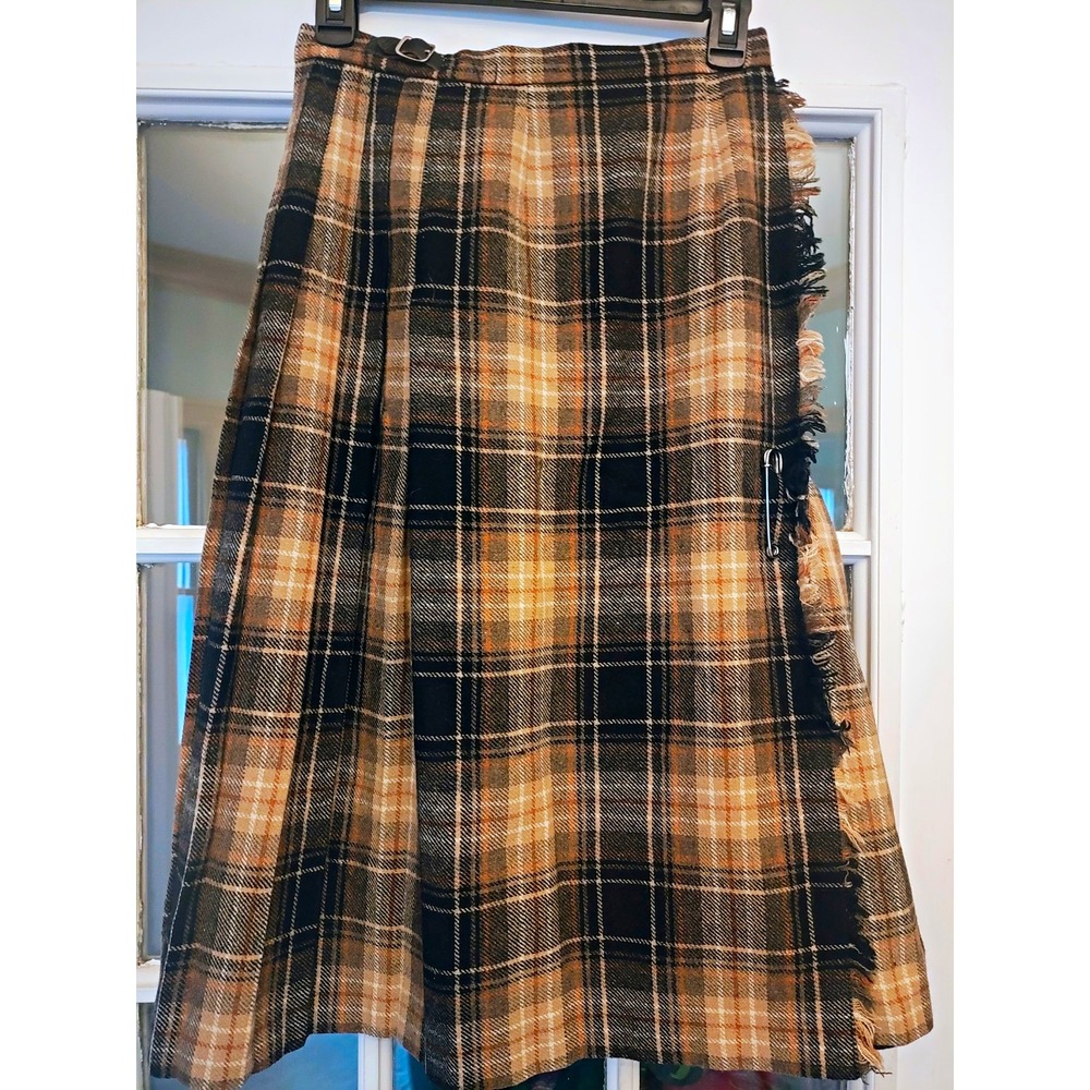 Scott Aberdeen Vintage 100% Wool Tartan Plaid Kilt Skirt Adjustable Brown